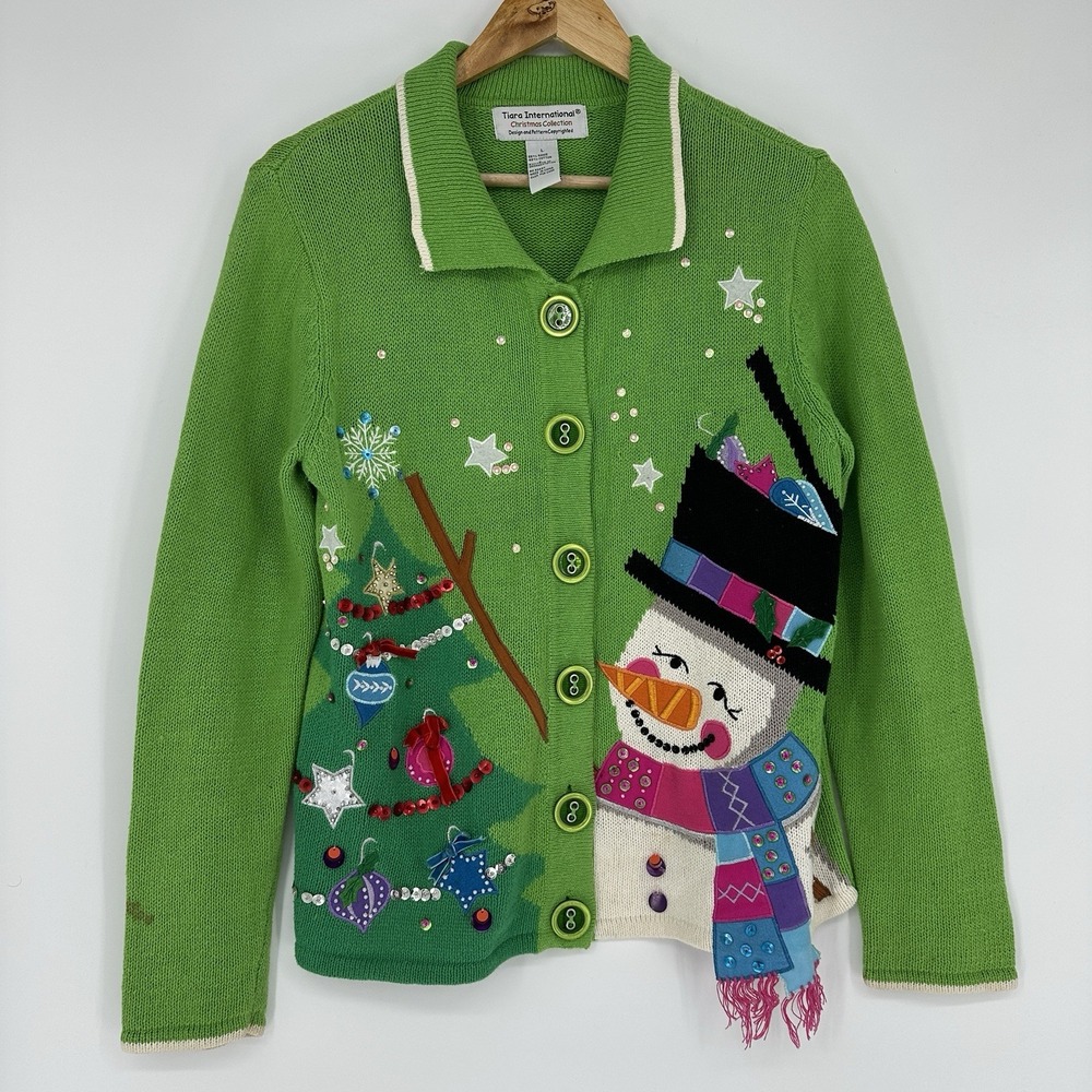 Tiara International Cardigan Christmas Snowman Sweater Tree Large Green Button